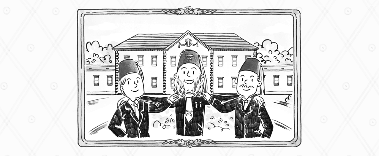 Hand drawn black and white image of 3 founding shriners