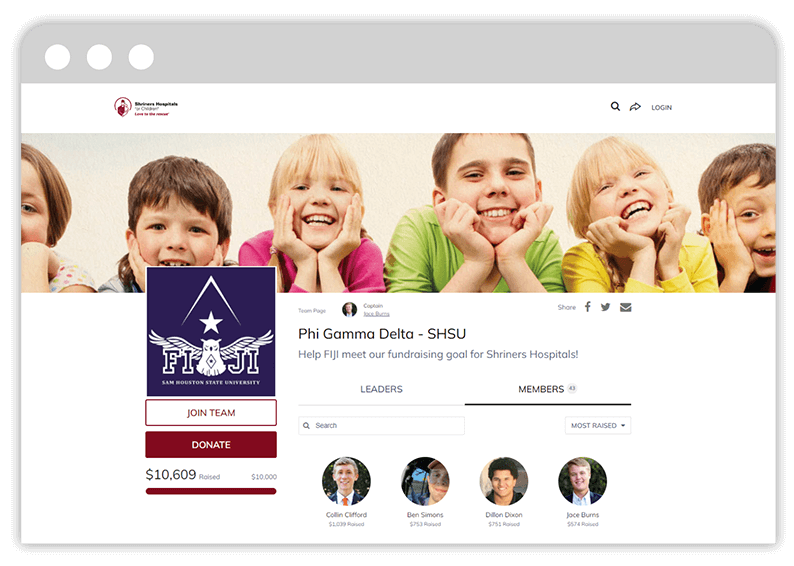 Peer-to-Peer Classy team fundraising page for Shriners Children's